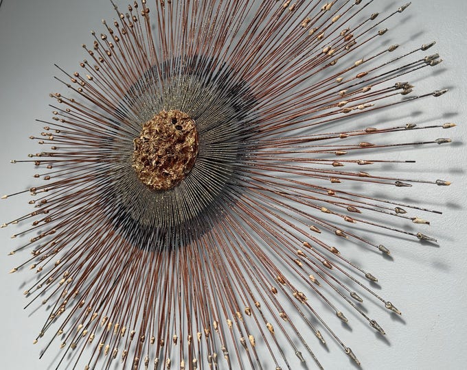 Vintage 70s Sculptural Brutalist Metal Starburst Wall Hanging Mid Century Modern