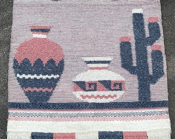 Vintage Southwestern Woven Tapestry Wall Hanging Fiber Art Textile Red White Blue