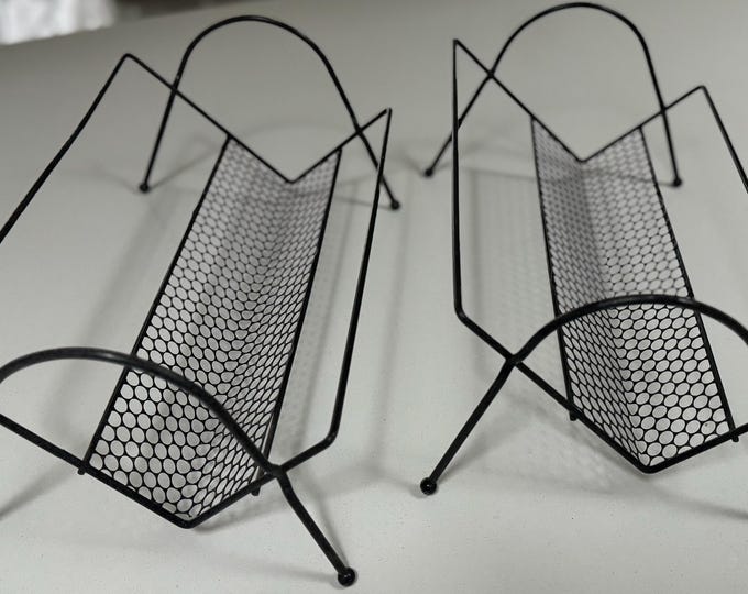 Vintage 50s MCM Black Wire Mesh Book Racks Shelves Storage Mid Century Modern Atomic