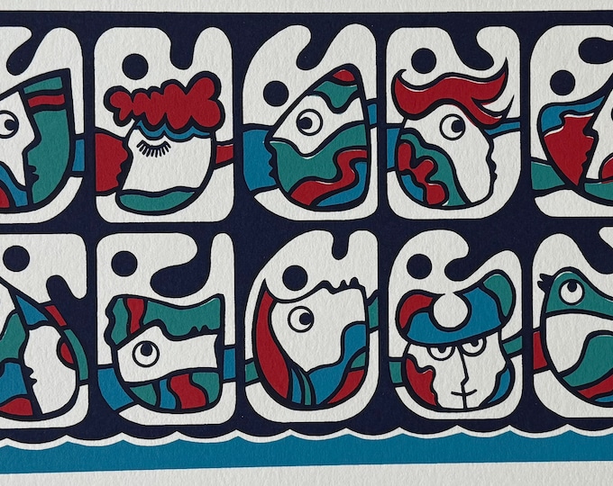 Vintage 1970's Abstract Screen Print Modern Wall Art Fish Birds People Charles Shoemaker