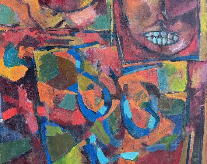 Vintage MCM Abstract Faces Painting Mid Century Modern Art Signed Hunt 60s