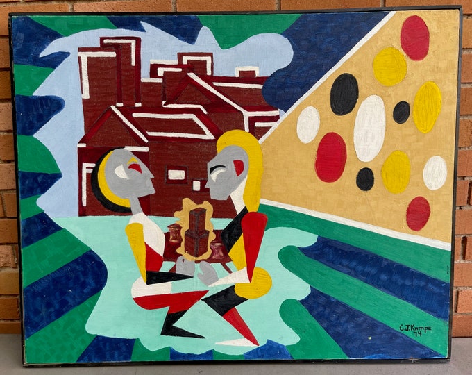 Vintage 70s Abstract Cubist Figural Oil Painting Modern Art Wall Hanging Signed