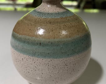 Vintage Handmade Studio Pottery Ceramic Vase Modern Striped Signed Multi-color