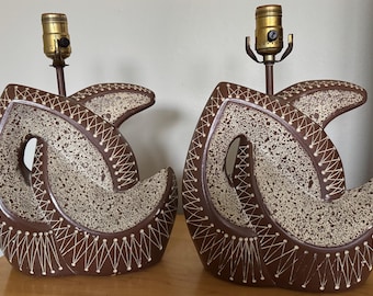 Pair Vintage MCM FAIP Abstract Plaster Lamps Mid Century Modern Lighting 1950s
