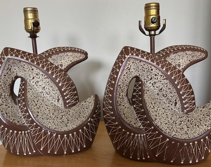 Pair Vintage MCM FAIP Abstract Plaster Lamps Mid Century Modern Lighting 1950s