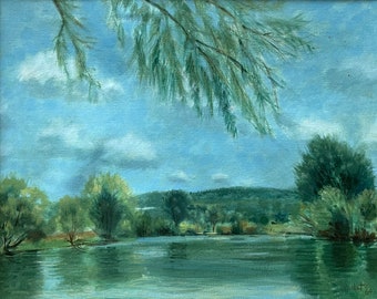 Vintage 1960s Seine River Oil Painting Art Wall Hanging Signed Burket France
