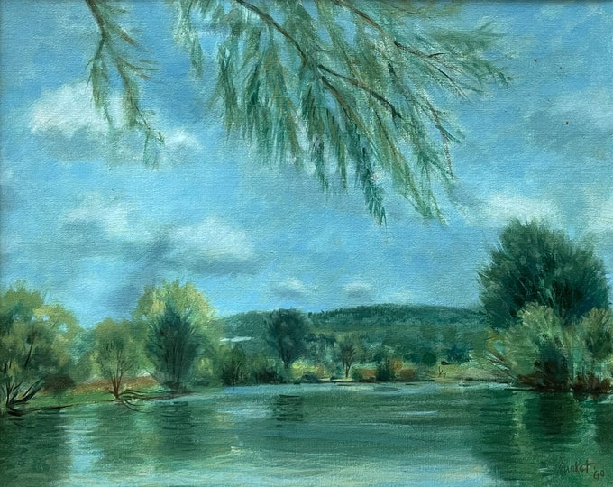 Vintage 1960s Seine River Oil Painting Art Wall Hanging Signed Burket France