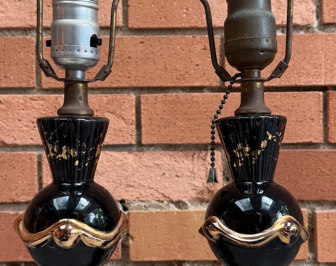Pair Vintage 1950s Black Gold Ceramic Lamps Bedside Mid Century MCM Modern Atomic Era