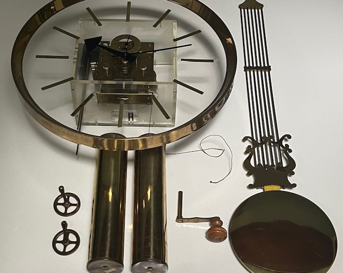 Vintage 70s George Nelson for Howard Miller Wall Hanging Pendulum Clock Brass Lucite