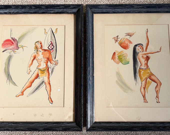 Pair Vintage 1950s Figural Hawaiian Watercolor Paintings Mid Century MCM Modern