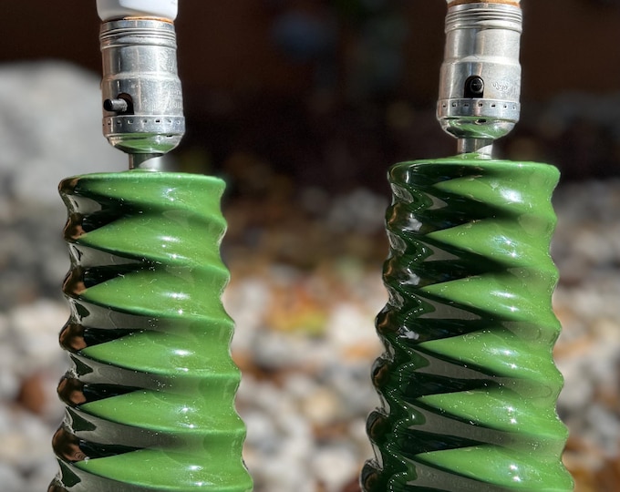 Vintage MCM Green Ceramic Lamps Ribbed Spiral Mid Century Modern 1950s Lighting