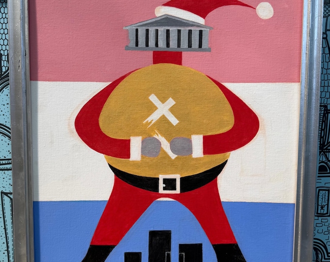 Vintage Abstract Figural Santa Religion Church State Acrylic Painting Modern Signed REM Menges