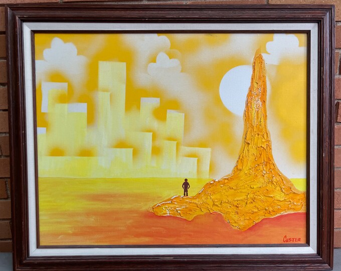 Vintage 1970s Abstract Oil Painting Modern Art Wall Hanging Mid Century Signed Custer