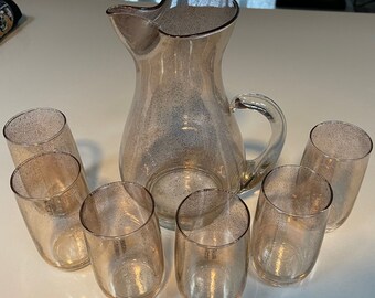 Vintage 50s 60s Handled Pitcher & Tumbler Glass Set Gold Speckles Mid Century Modern Atomic Era