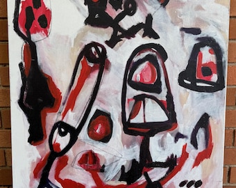 Vintage MCM Red Black Abstract Shapes Modern Art Wall Hanging Mid Century Art