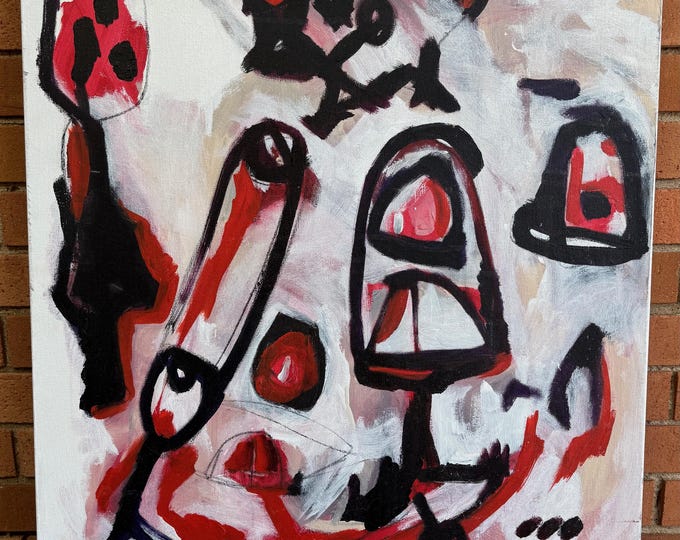 Vintage MCM Red Black Abstract Shapes Modern Art Wall Hanging Mid Century Art