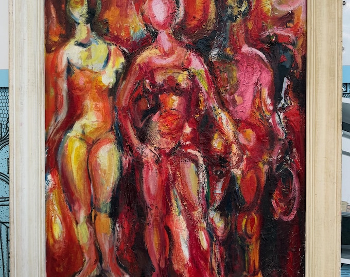 Vintage MCM Abstract Nude Figural Oil Painting Mid Century Modern Art Signed 1960s
