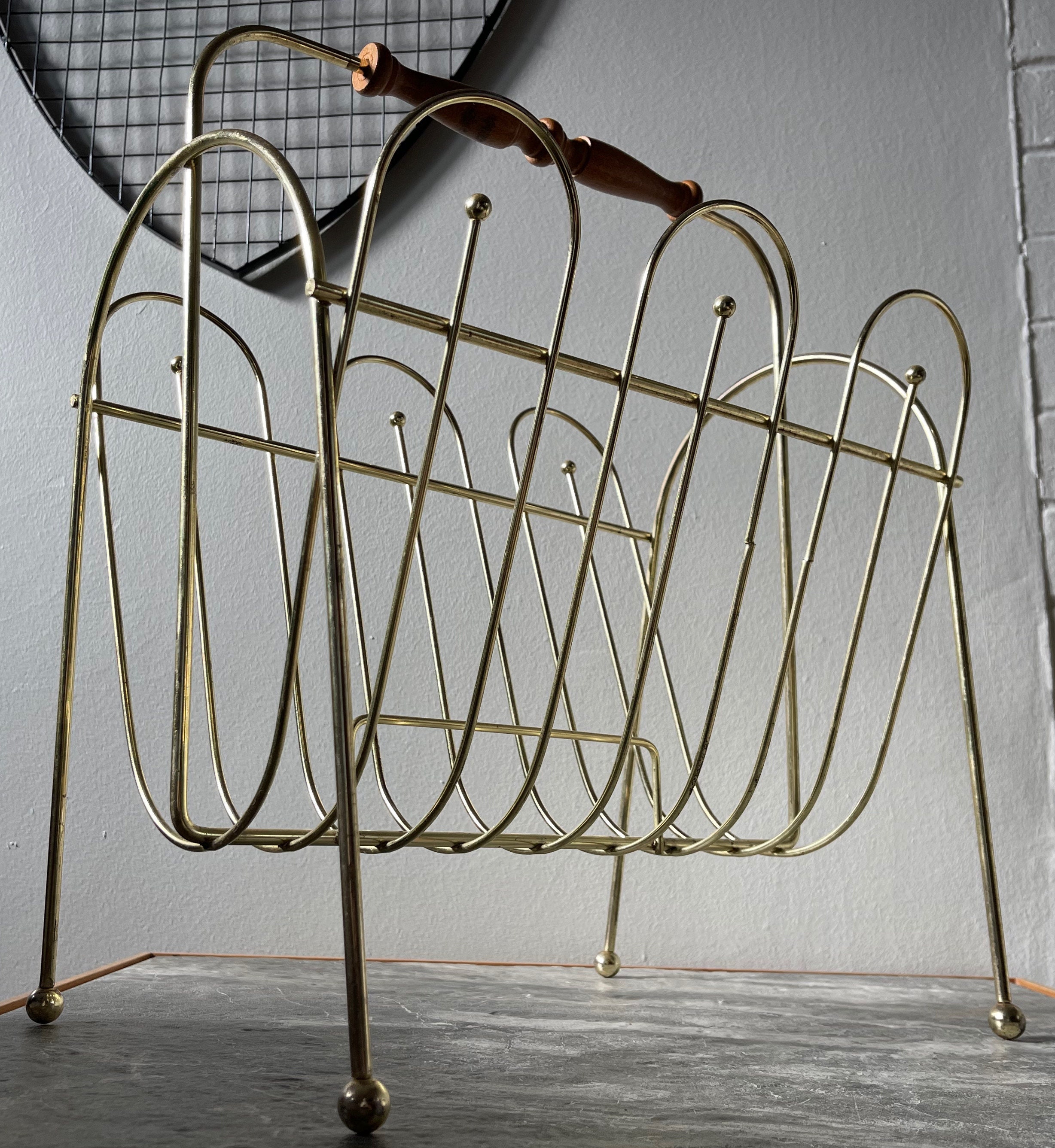 Vintage 50s 60s Brass Wood Magazine Stand Rack Mid Century Modern ...