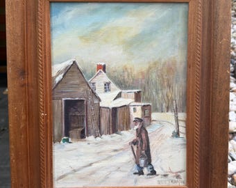 Vintage Figural Landscape Painting Modern Art Framed Wall Hanging Signed Chapin