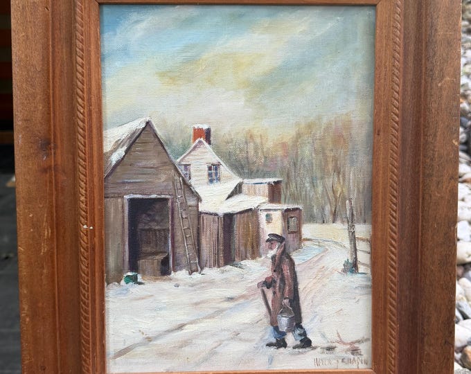 Vintage Figural Landscape Painting Modern Art Framed Wall Hanging Signed Chapin