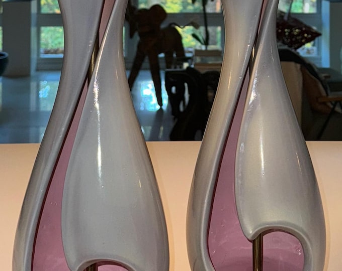 PAIR Vintage 1950s Pink Gray Ceramic Lamps Mid Century MCM Modern Lighting Atomic Era