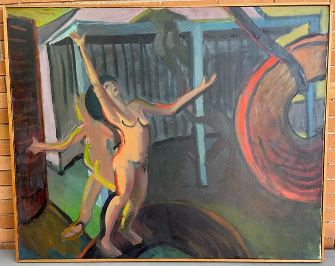 Vintage Nude Figural Oil Painting Modern Art Wall Hanging Way Out Club St. Louis