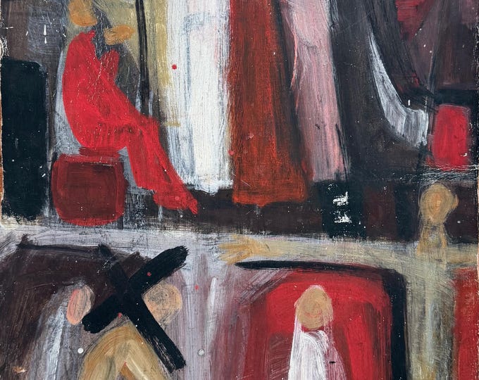 Vintage MCM 60s Abstract Religious Oil Painting on Board Modern Art Wall Hanging