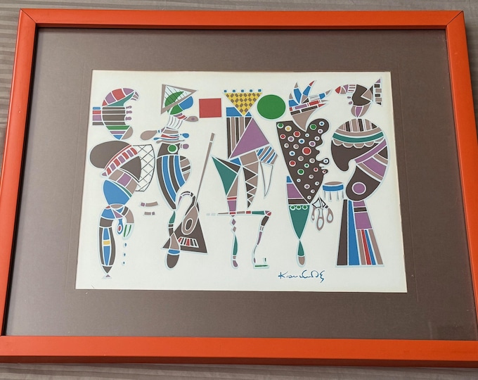 Vintage Wassily Kandinsky Abstract Figural Screen Print Modern Art Wall Hanging