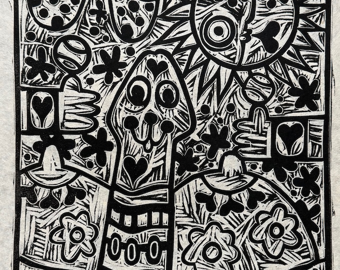 Vintage 70s Chuck Shoemaker Black White Woodcut Print Figural Modern Art - 6