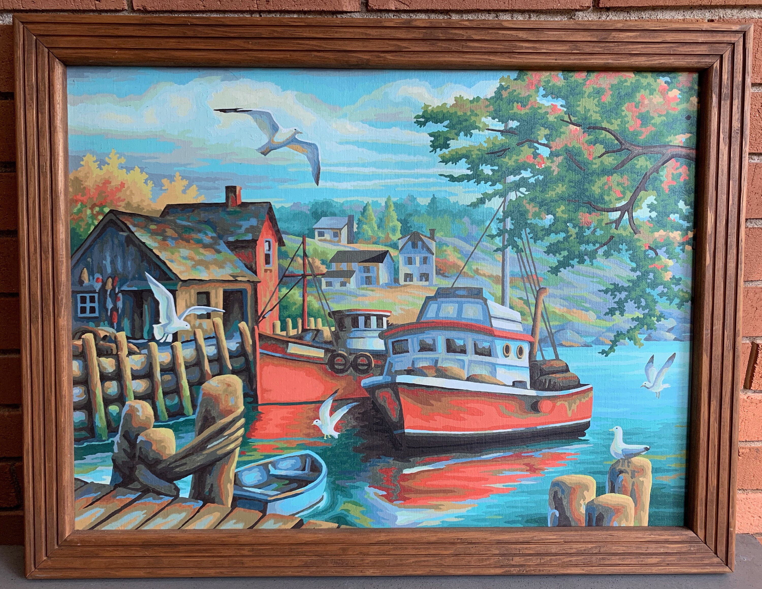 Vintage Boat Harbor Dock Village Paint By Numbers PBN Painting Modern