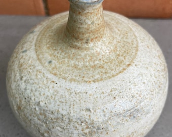 Vintage 1970s Rounded Decorative Studio Pottery Beige Spout Vase Modern Signed John Deyoe