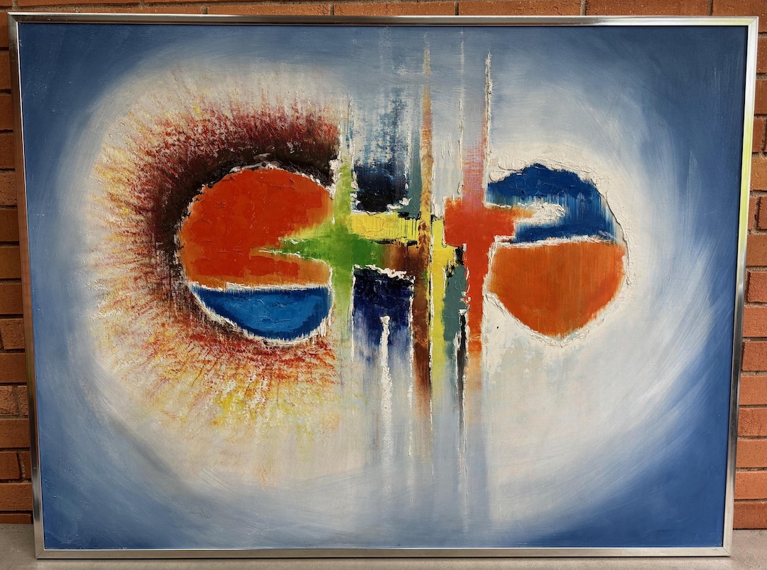 Colorful Vintage 1960s Abstract Shapes Oil Painting Mid Century MCM ...