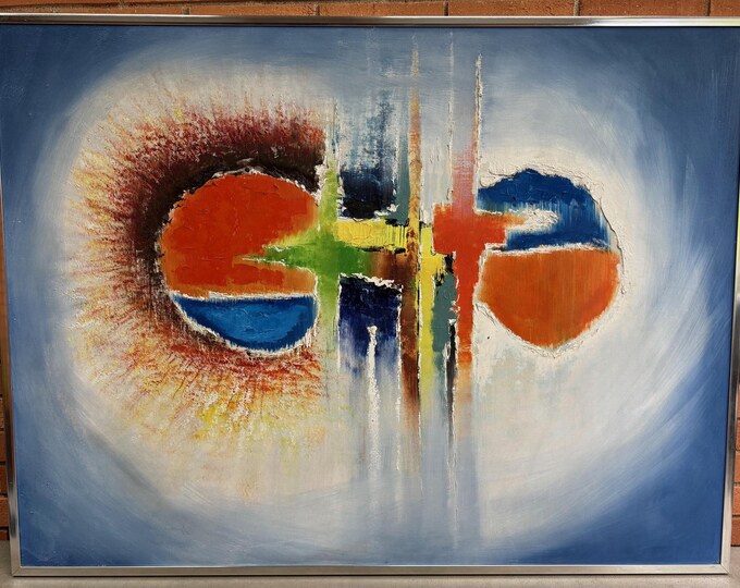 Colorful Vintage 1960s Abstract Shapes Oil Painting Mid Century MCM Modern Art