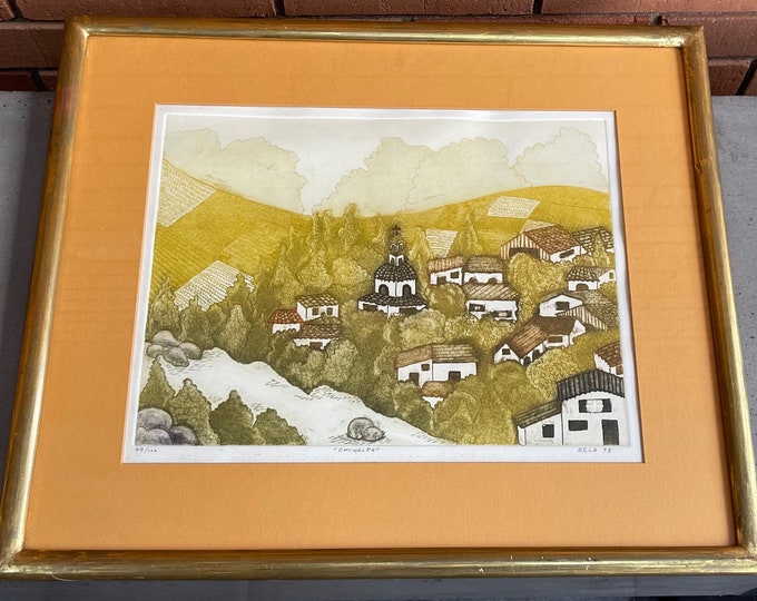 Vintage 1970s Village Landscape Serigraph Print Art Wall Hanging Mod Signed Nela