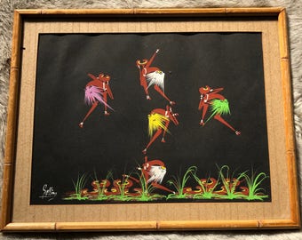 Vintage 50s 60s African Tribal Native Aboriginal Gouache Painting Wall Hanging Mid Century Modern Art Fifties Sixties