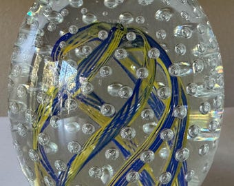 Vintage Egg-Shaped Blue Yellow Murano Millefiori Handblown Glass Paperweight