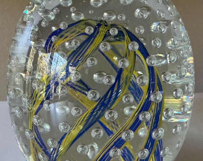 Vintage Egg-Shaped Blue Yellow Murano Millefiori Handblown Glass Paperweight