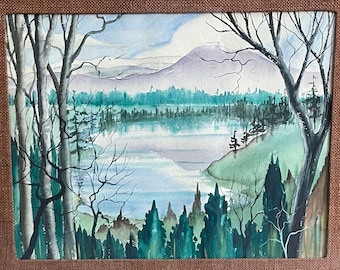 Vintage 70s Landcape Scenery Watercolor Painting Modern Art Wall Hanging Framed Matted
