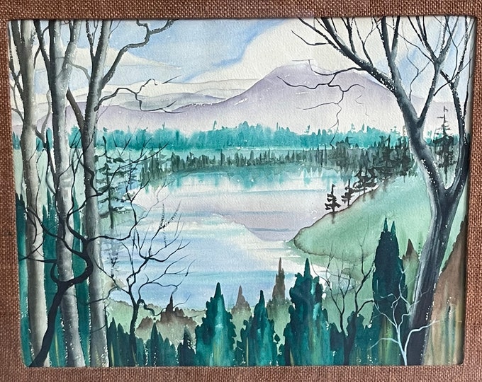 Vintage 70s Landcape Scenery Watercolor Painting Modern Art Wall Hanging Framed Matted