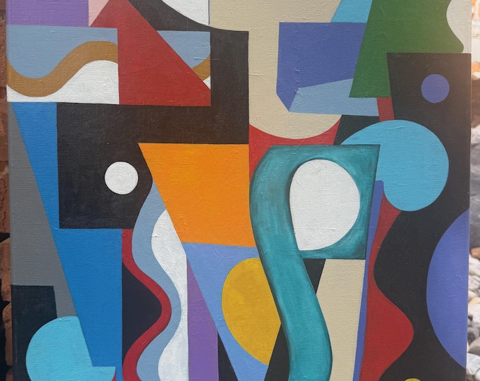 Vintage Abstract Shapes Acrylic Canvas Painting Multi-Color Modern Art Wall Hanging Timothy Long 70s (1)