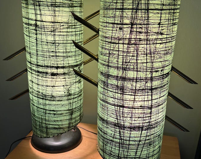 Fantastic Vintage 1950s Majestic Lamps Green Fiberglass Brass Wood Mid Century Modern Rare