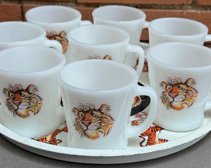 Vintage Esso Oil Tiger Cups D-Handled Tin Tray Fire King Anchor Hocking Glassware