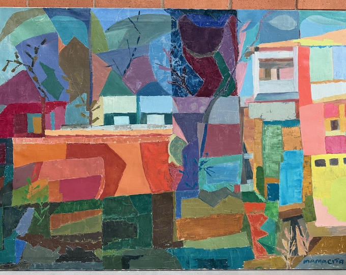 Large Vintage MCM Abstract Landscape Oil Painting Mid Century Modern Art Signed