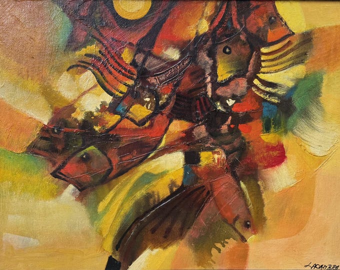 Vintage MCM Severino Lacambra Abstract Fish Oil Painting Mid Century Modern Art