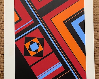 Vintage Geometric Squares Shapes Black Orange Blue Red Screen Print Modern Art Wall Hanging Signed