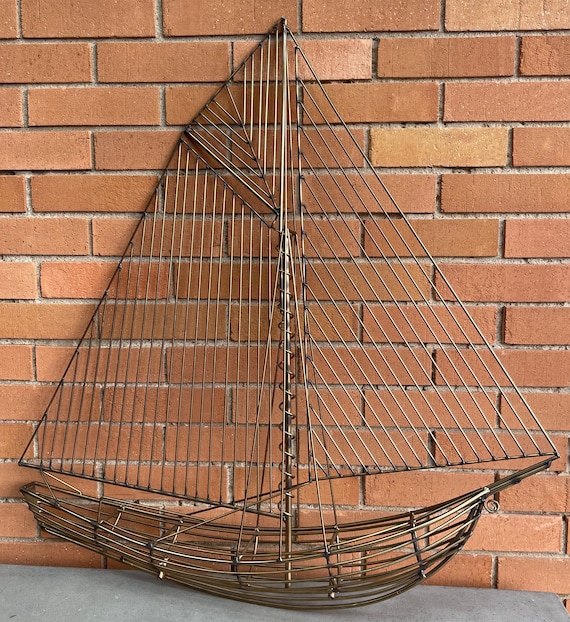 アンティーク雑貨 US VINTAGE C.Jere YACHT Brass Sculpture C. Jere Sailboat Pier Metal Brass Wall Art Seagulls Dock