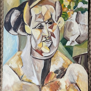 Vintage Abstract Cubist Portrait Fernande Portrait Oil Painting Modern Art 70s