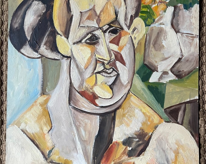 Vintage Abstract Cubist Portrait Fernande Portrait Oil Painting Modern Art 70s