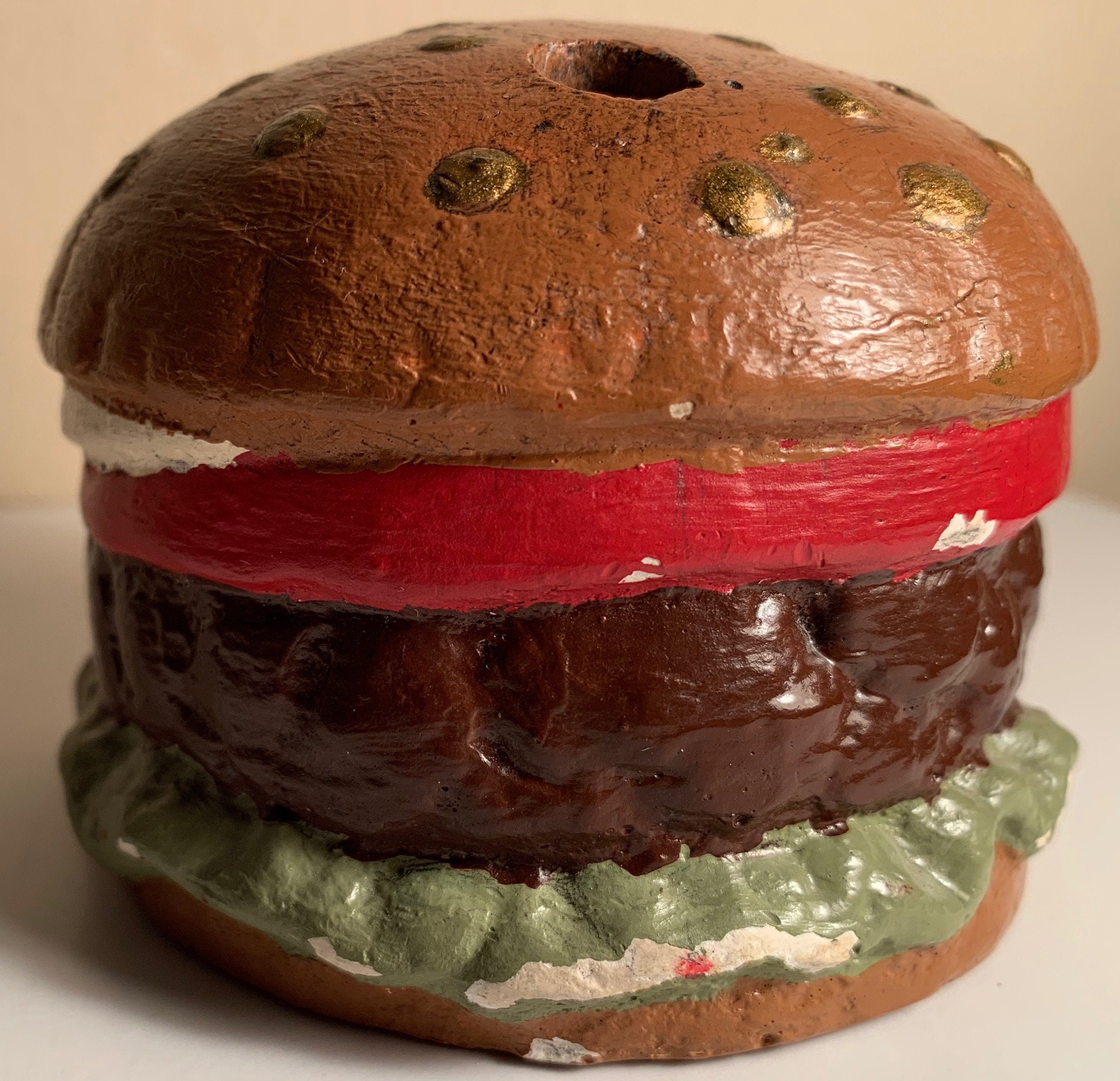 Vintage 70s Ceramic Burger Slider Sesame Seed Bun Pen Pencil Holder