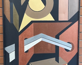 Vintage 70s Abstract Geometric Shapes Painting Modern Art Wall Hanging Signed White